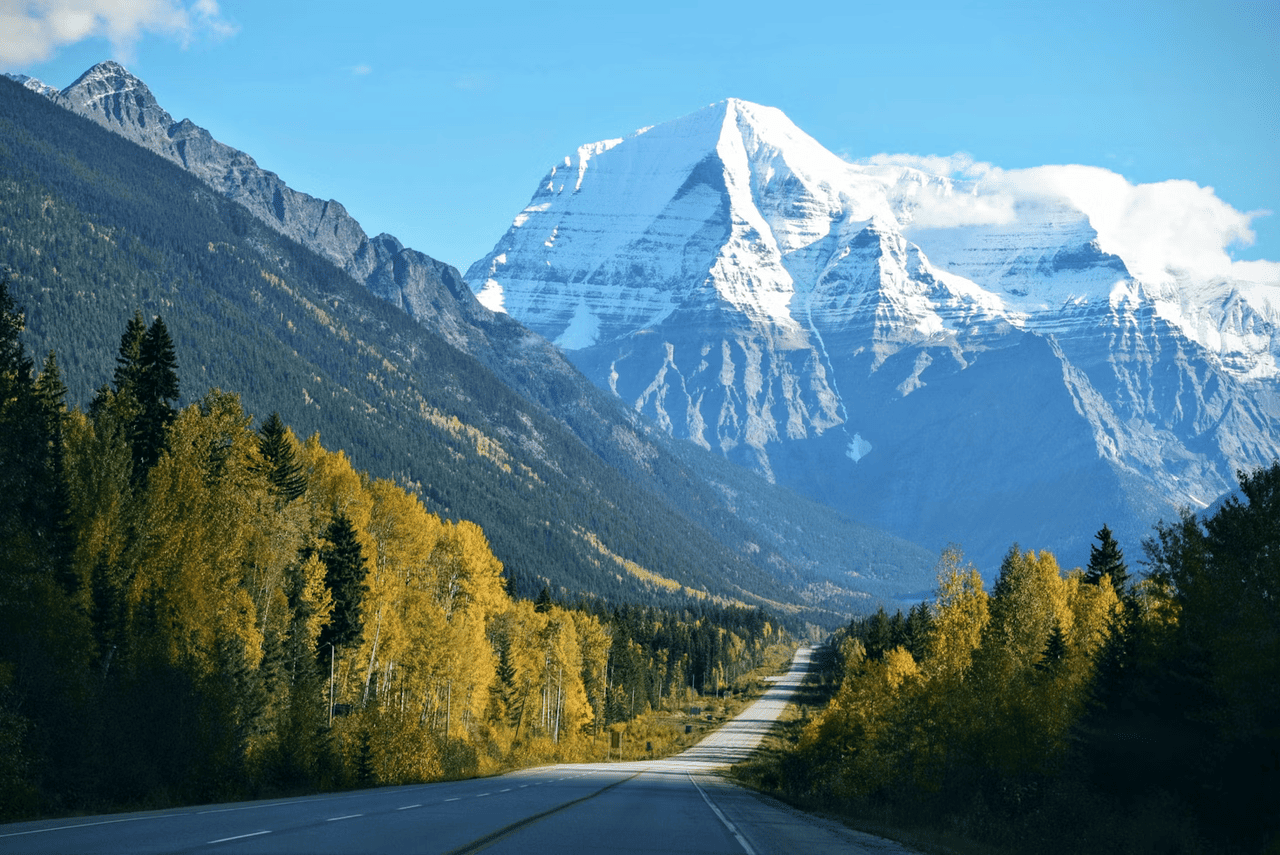 Mountain highway winding through the Canadian Rockies between Calgary and Vancouver