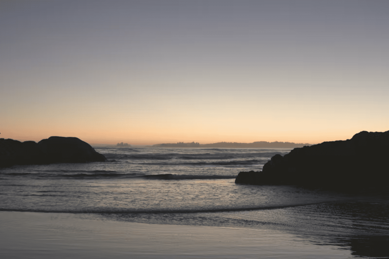 Rocky coastline with ocean and forest at Tofino, Vancouver Island